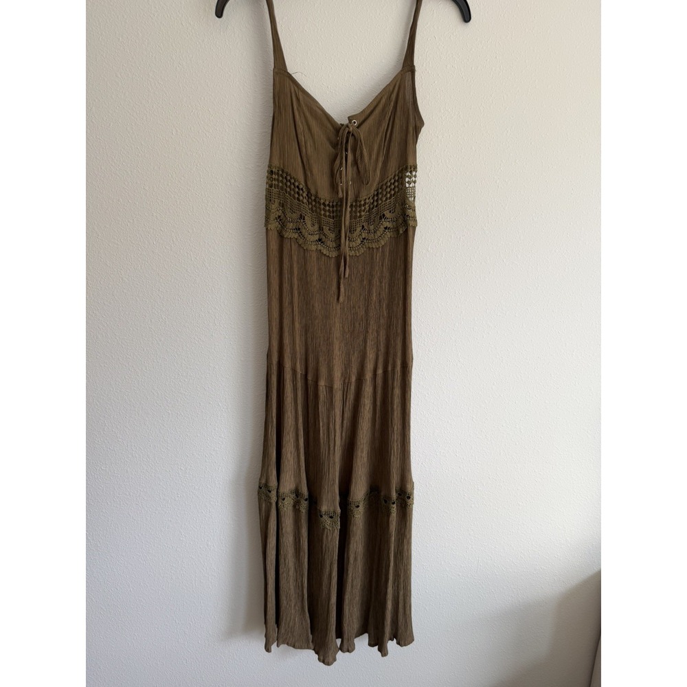 Cider Maxi Boho Sundress, Small Greenish Brown lace, adj. straps